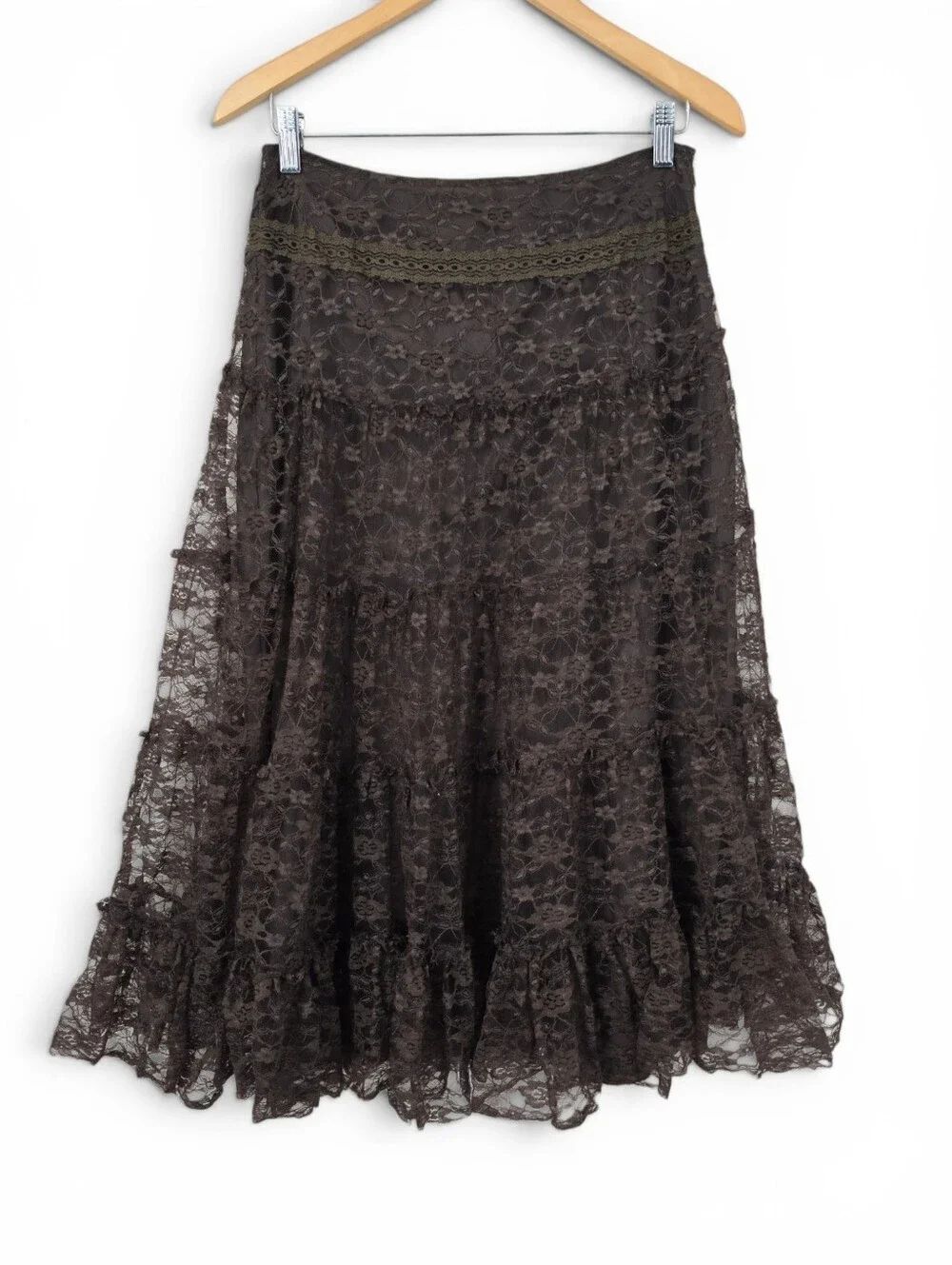 Y2K Lace Tiered Brown Midi Skirt Boho Whimsigoth Witchy Cowgirl